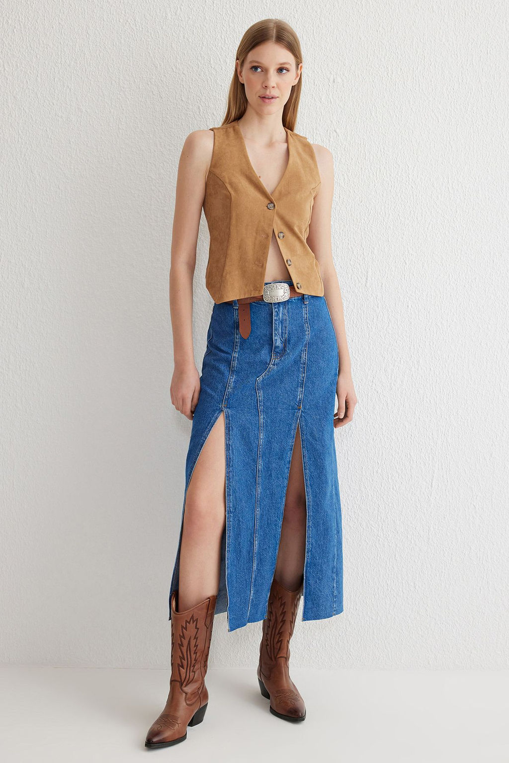 TRENDYOLMILLA Mavi Y?rtmacl? Dikis Detayl? Midi Denim Etek TWOSS25ET00001  фото 2