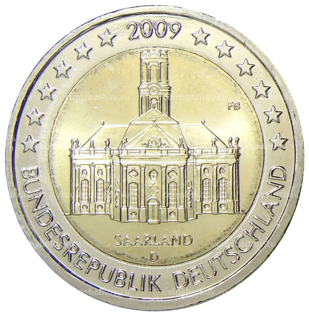 2 евро 2009 года D Германия Церковь Людвига в Саарбрюккен, Саар