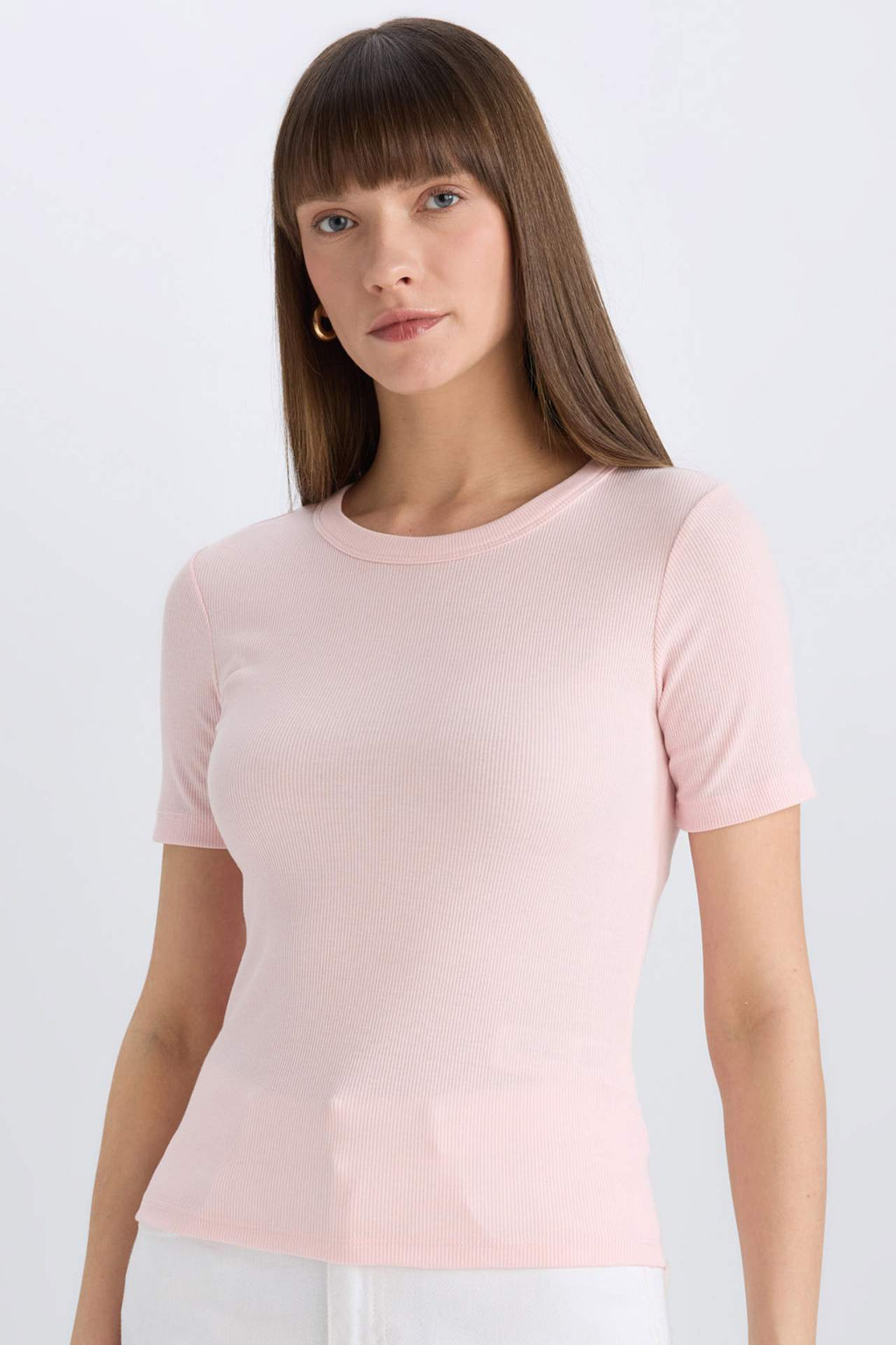 Slim Fit Dar Kesim Bisiklet Yaka Fitilli Kaskorse Basic Duz K?sa Kollu Tisort - Defacto фото 5