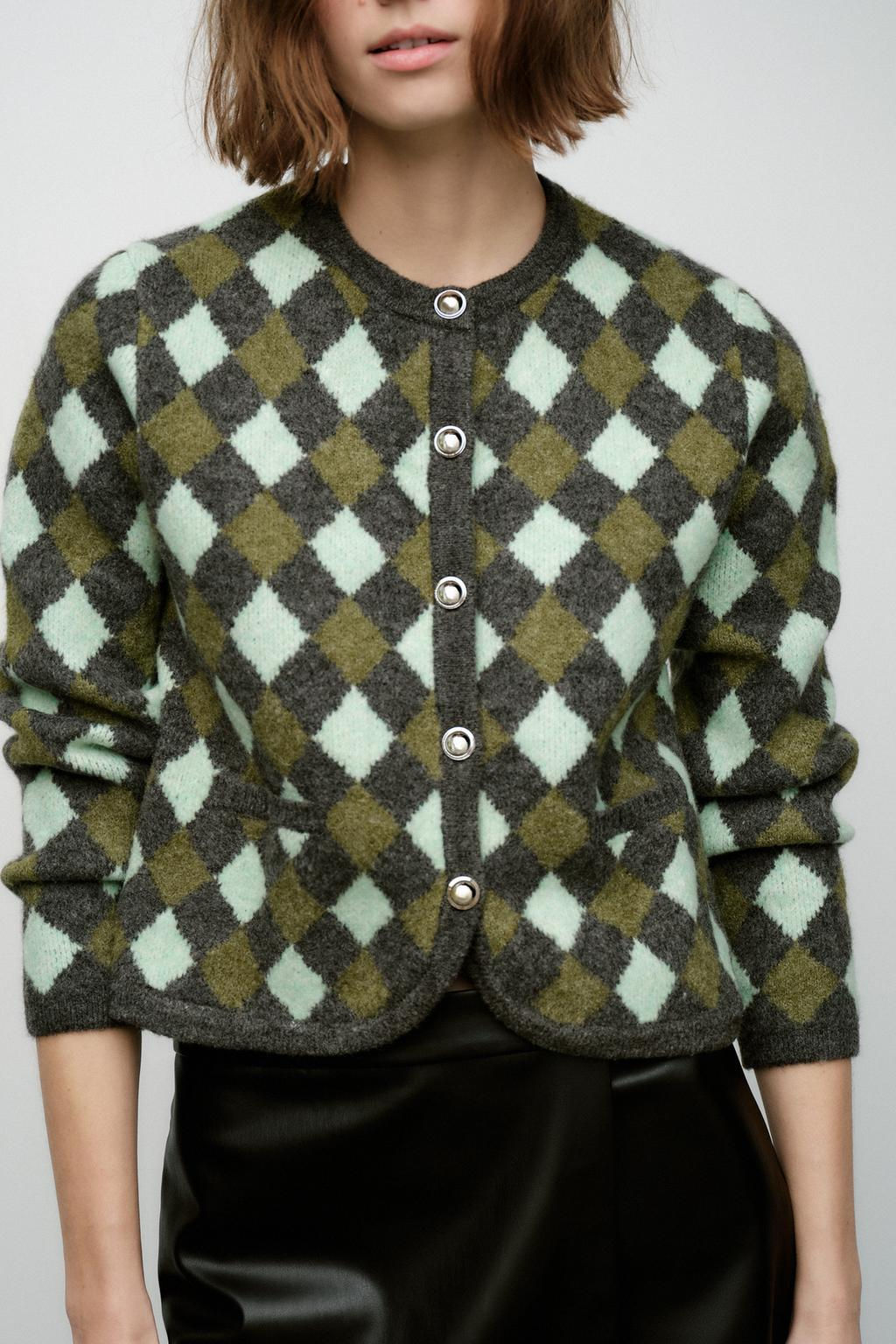 KNIT DIAMOND JACQUARD CARDIGAN