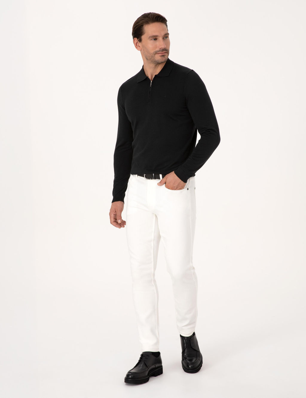 Siyah Regular Fit Y_n Kar___ml_ Fermuarl_ Polo Yaka Basic Triko Kazak - Cacharel фото 4