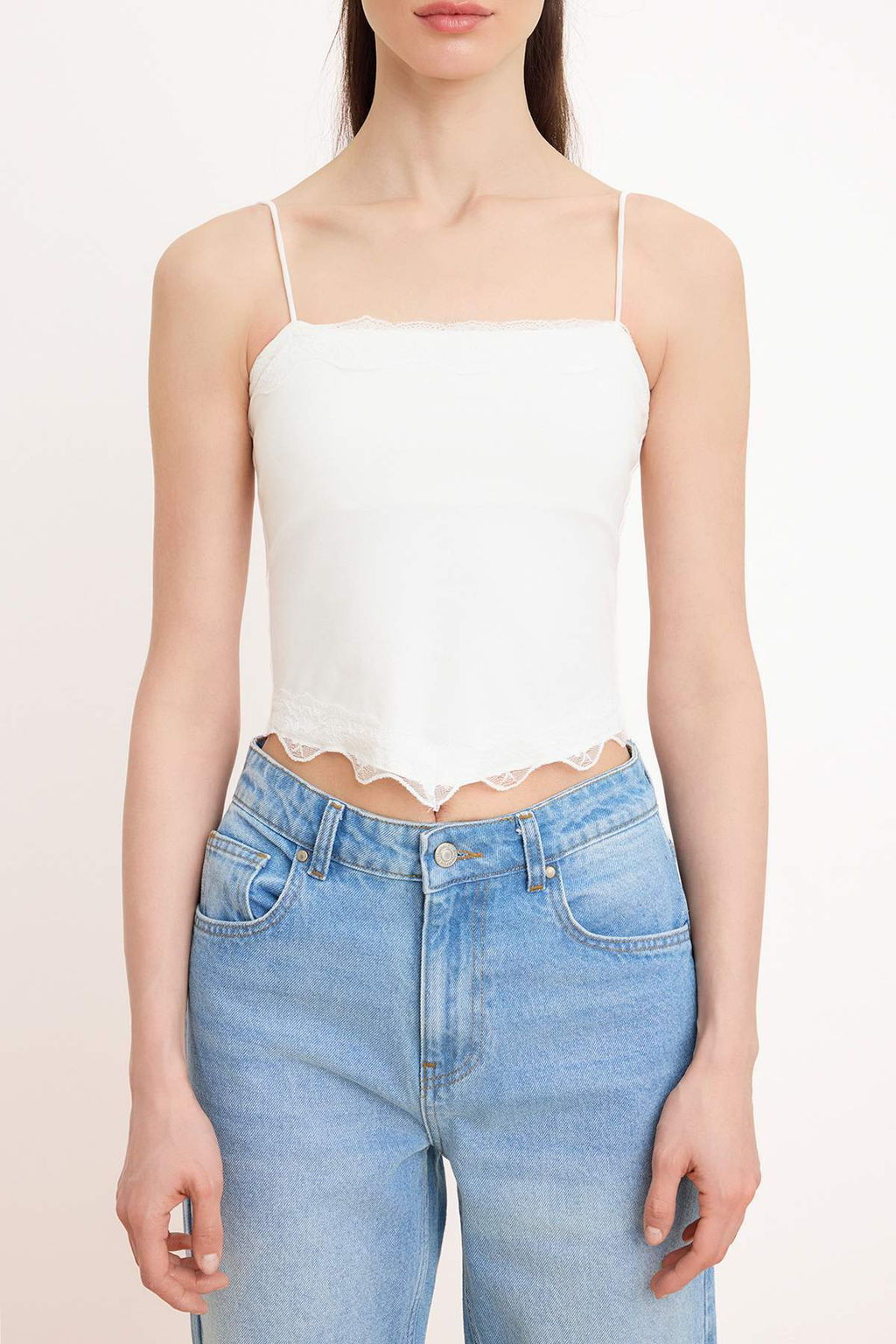 Ekru Fitted/Vucuda Oturan Ask?l? Straplez Dantel Detayl? Pamuklu Esnek Orme Atlet TWOSS26AL00049 - Trendyolmilla фото 3