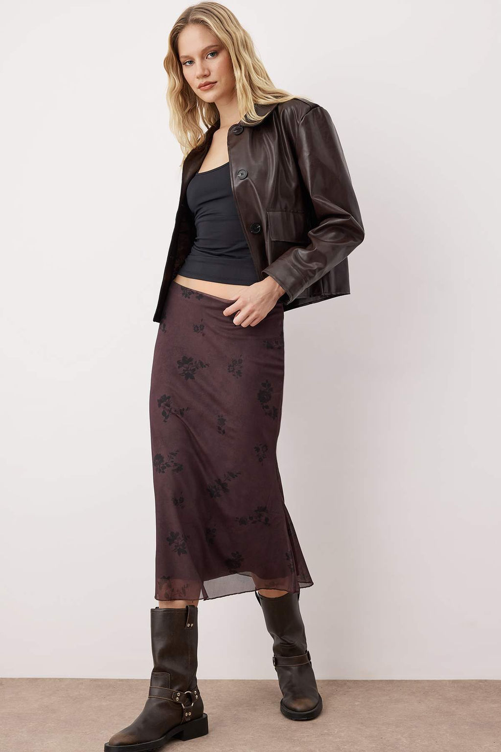 Teen Haki Cicek Bask?l? Bodycon Tul Esnek Orme Etek TWOAW26ET00036