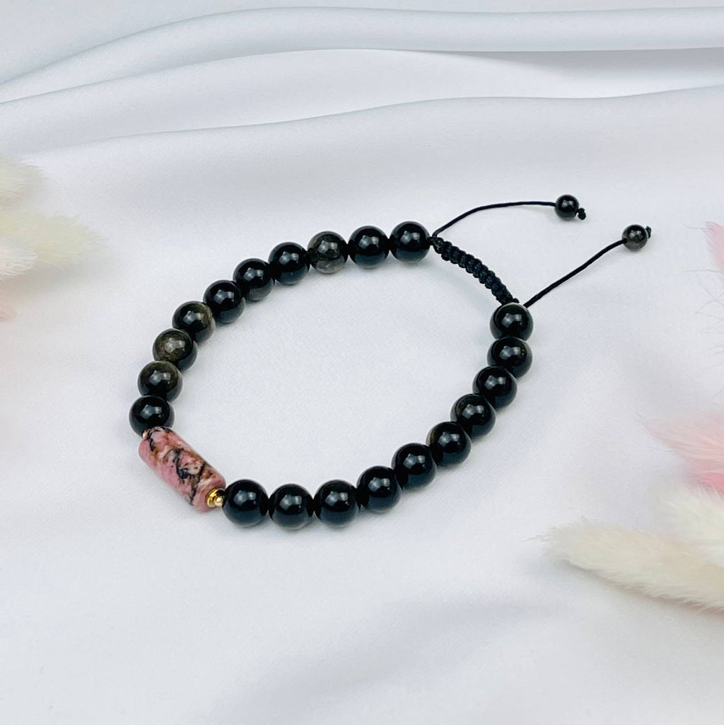 Браслет регулируемый мужской из Обсидиана и Родонита "Анахата" от 20 см