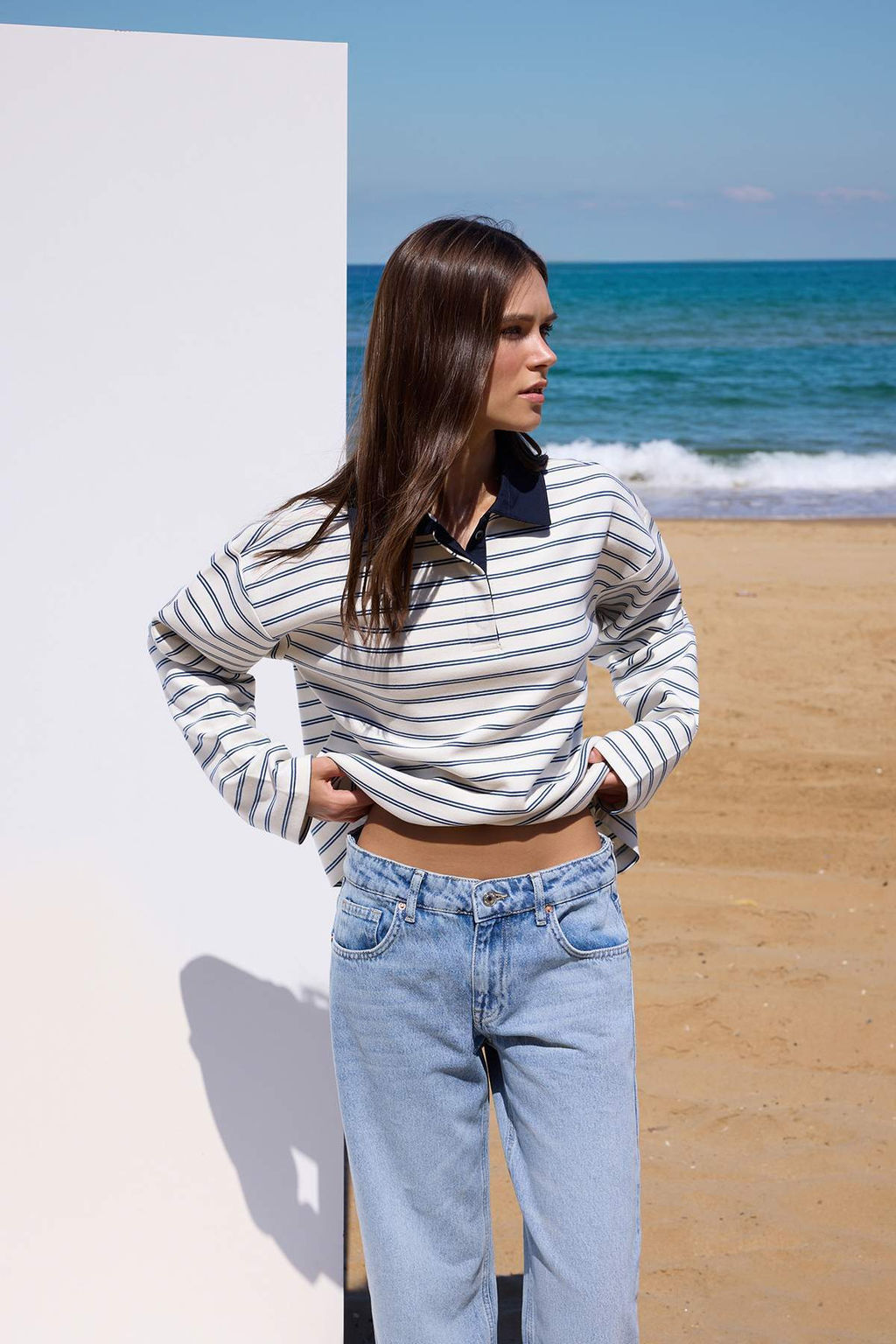 Ekru Cizgili More Sustainable Dokuma Yaka Detayl? Regular Orme T-shirt/Sweatshirt TWOAW26TS00004 - Trendyolmilla фото 2