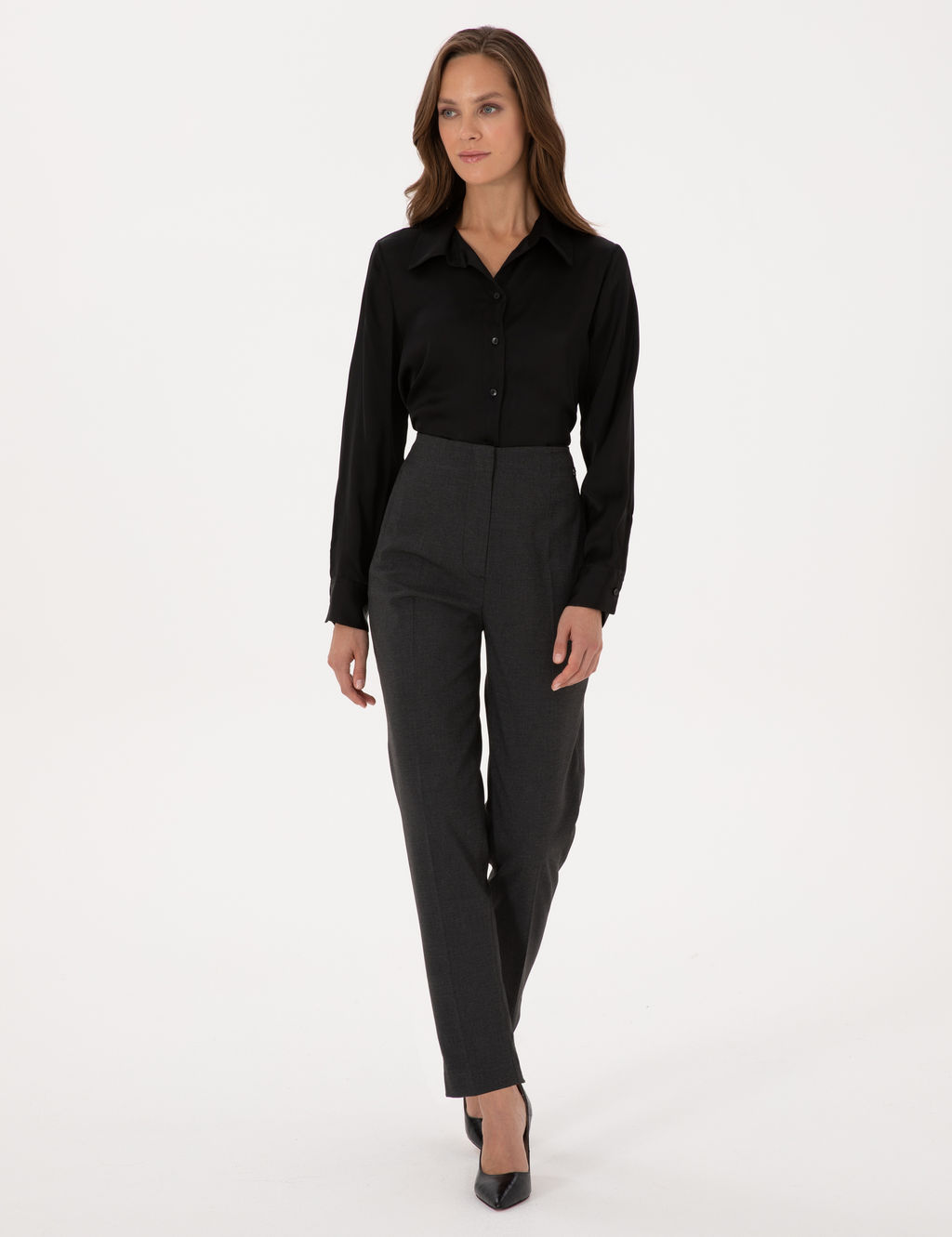 Siyah Comfort Fit Uzun Kollu Saten G_mlek