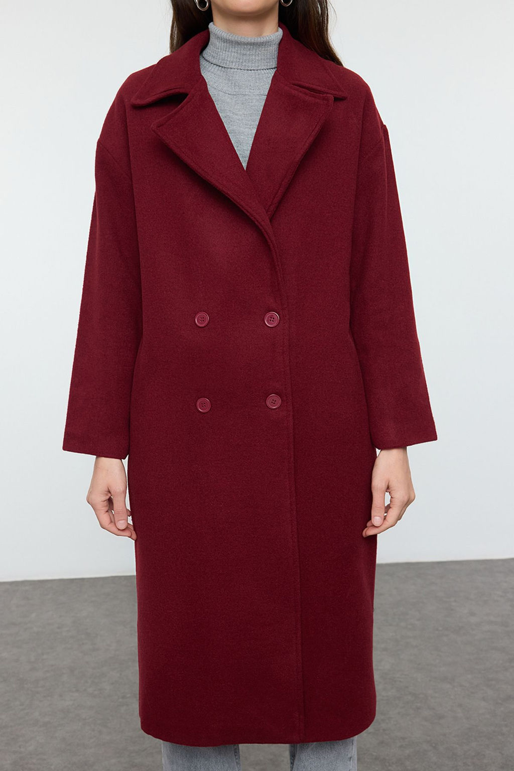 Bordo Oversize Genis Kesim Uzun Yunlu Kase Kaban TWOAW21KB0038