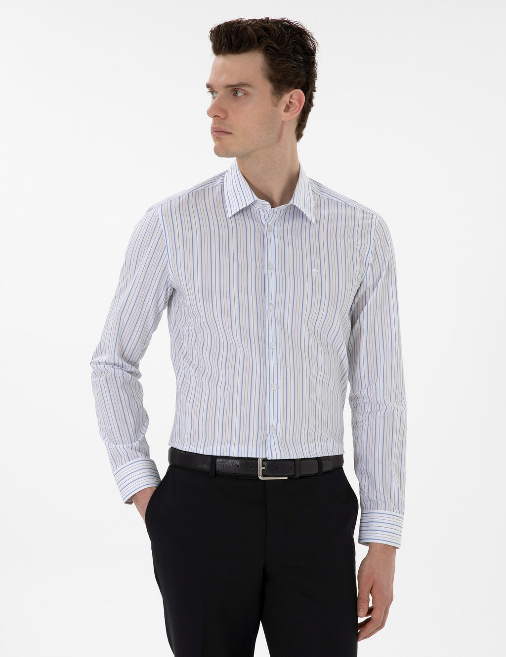 Mavi _izgili Slim Fit Uzun Kollu G_mlek