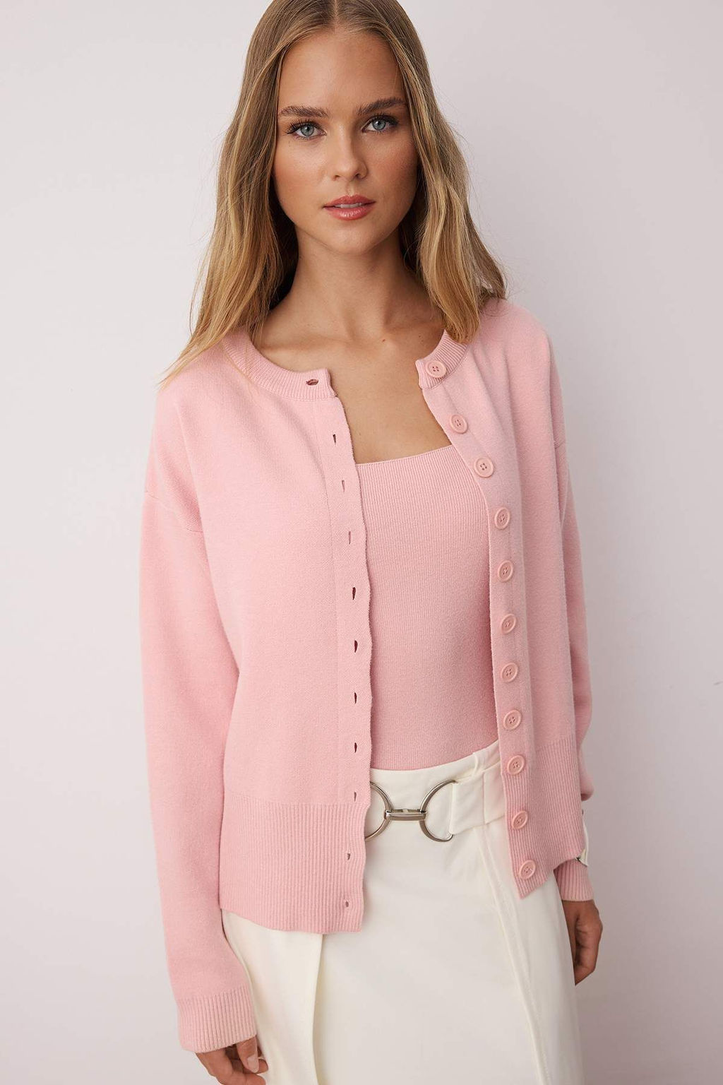 Pembe 2li Premium Iplik/Ozel Iplik Bisiklet Yaka Basic Triko H?rka-Bluz Tak?m TWOAW26HI00124