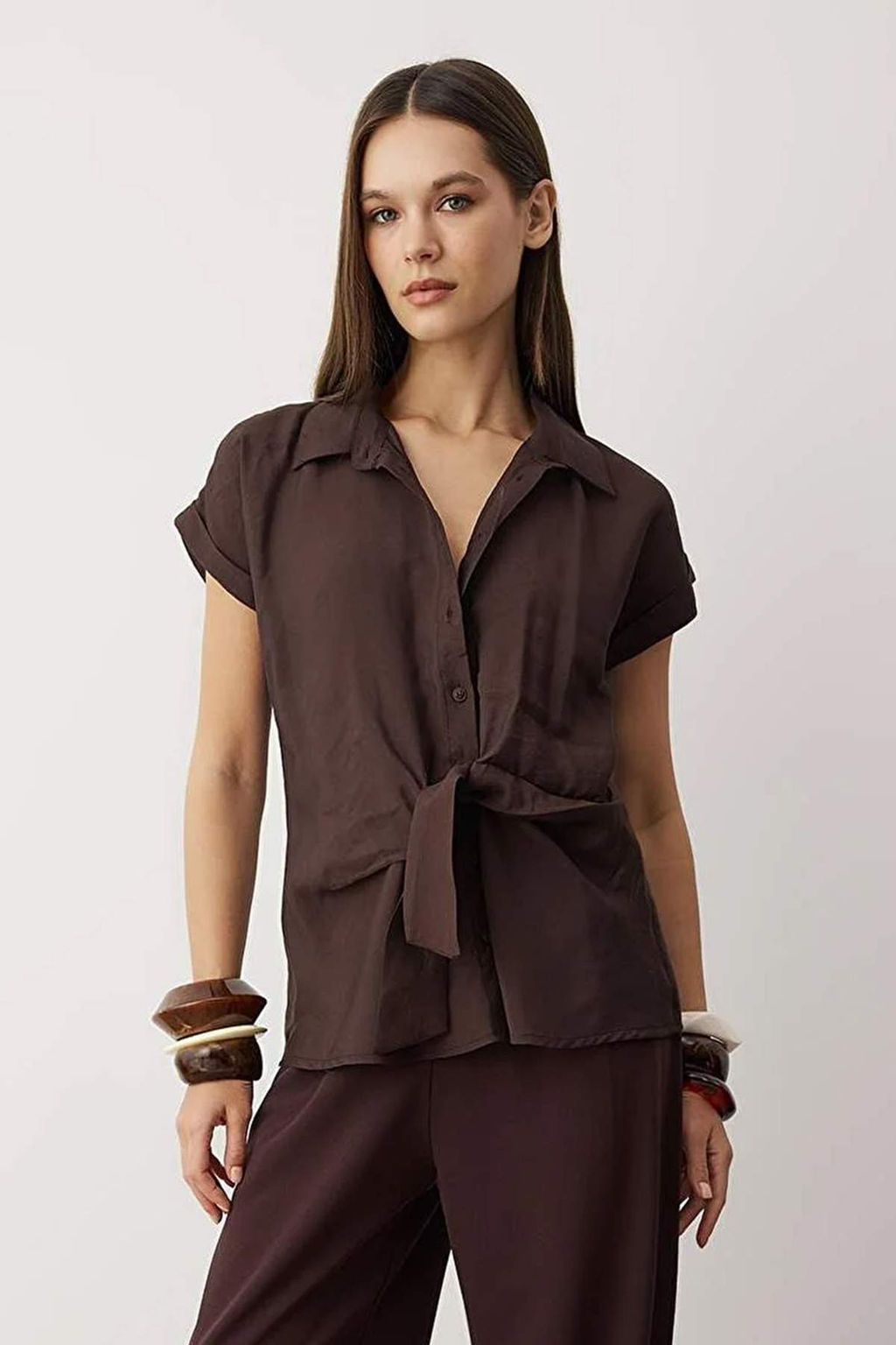 Kahverengi Onu Dugumlu Dokuma Modal Gomlek TWOAW26GO00102 - Trendyolmilla фото 6