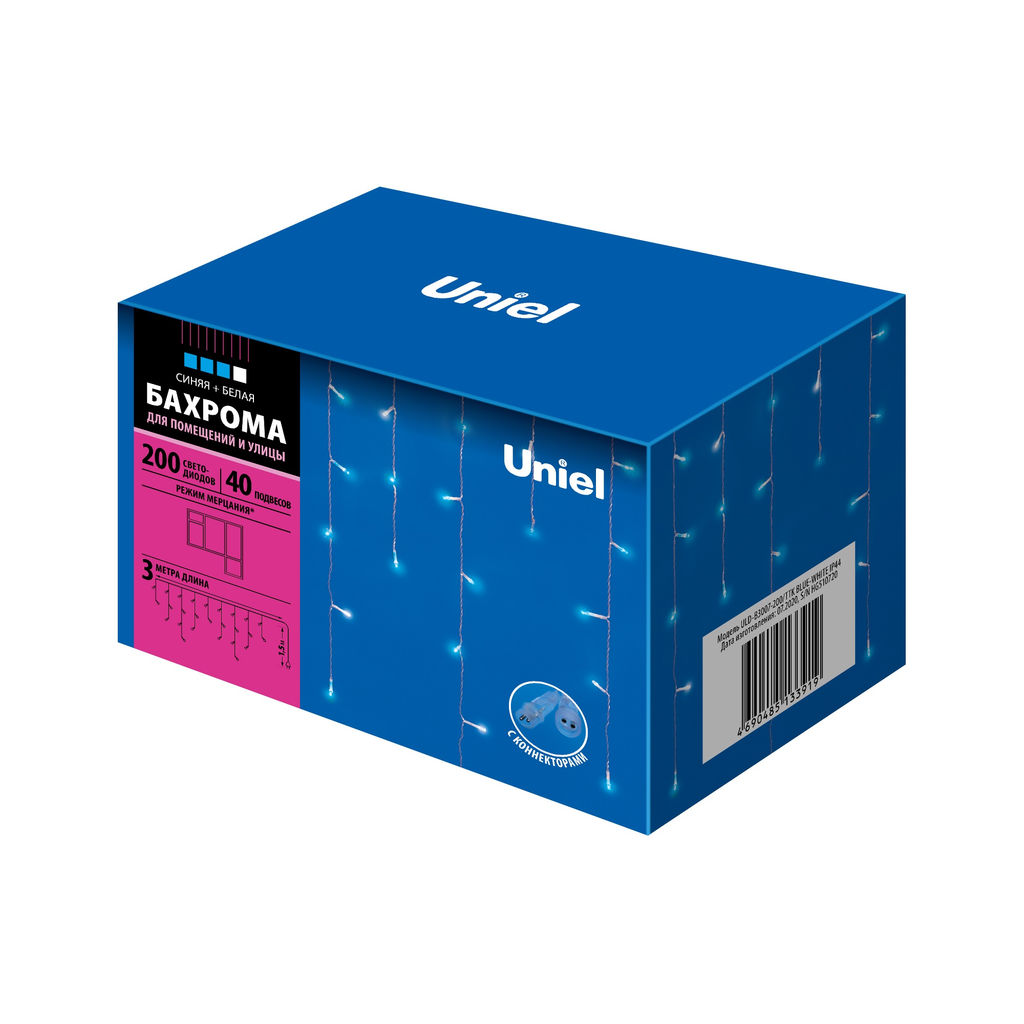 ULD-B3007-200/TTK BLUE-WHITE IP44 Бахрома светодиодная с эффектом мерцания, 3м. Соединяемая. 200 светодиодов. Синий и белый свет. Провод прозрачный. ТМ Uniel