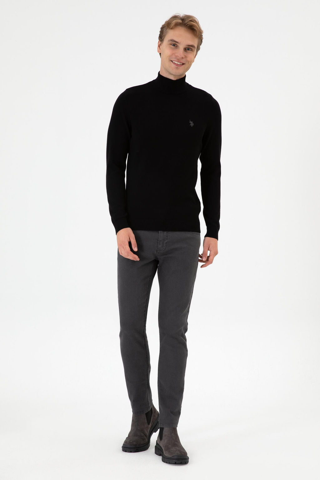 Erkek Slim Fit Bo_azl_ Siyah Basic Kazak