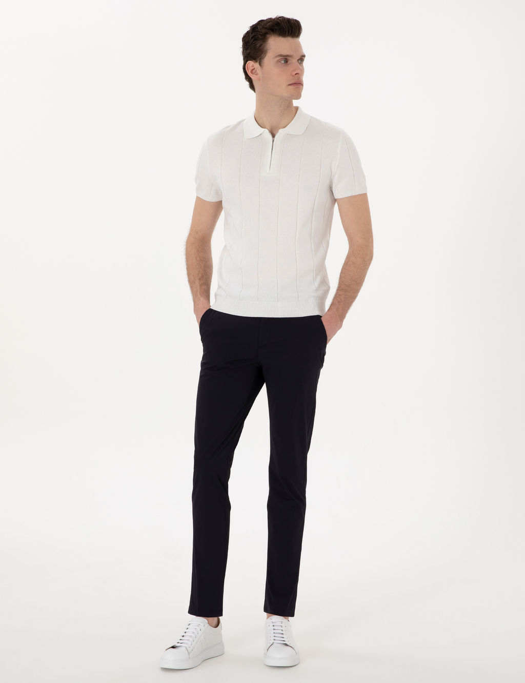 Ekru Slim Fit Fermuarl_ Polo Yaka Triko Ti__rt