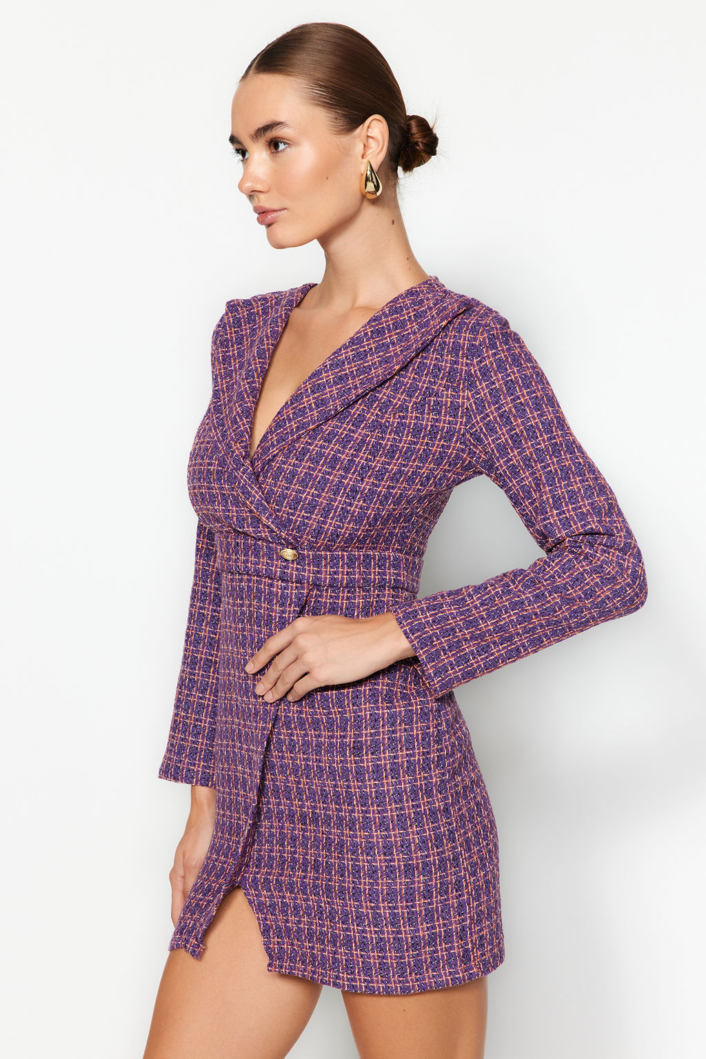 Trendyolmilla Bej Ekose / Kareli Dokuma Elbise TWOAW24EL00339 фото 10