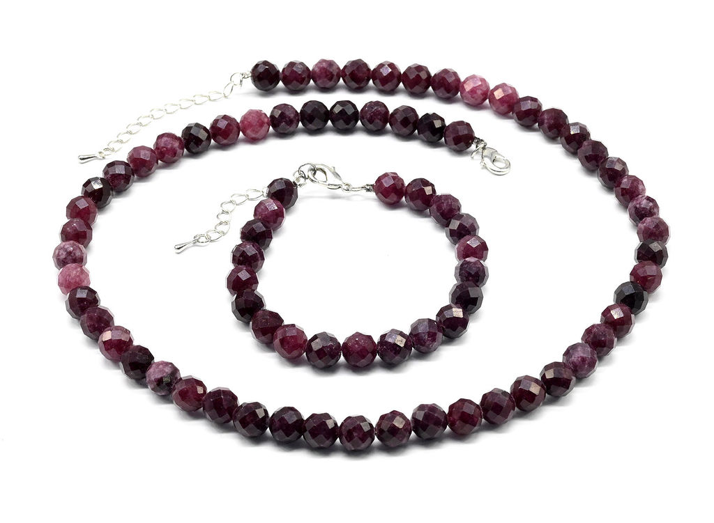 Бусы с браслетом из камня кальцит граненые 8мм цв.гранат, 47см, 17,5см