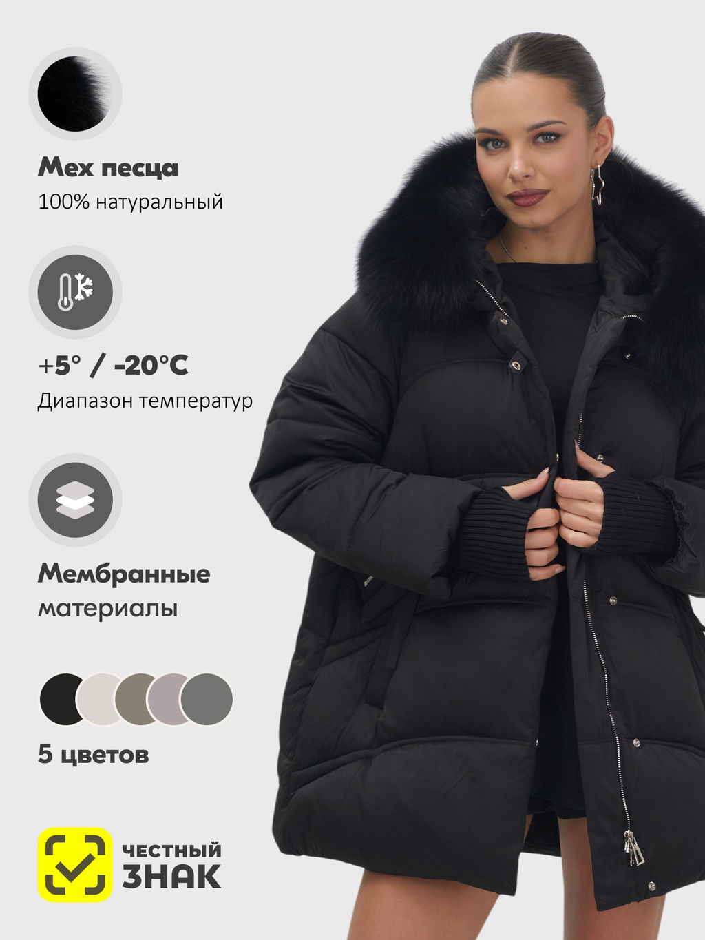 Куртка зимняя женская с мехом и капюшоном тренд черного цвета 7737Ch