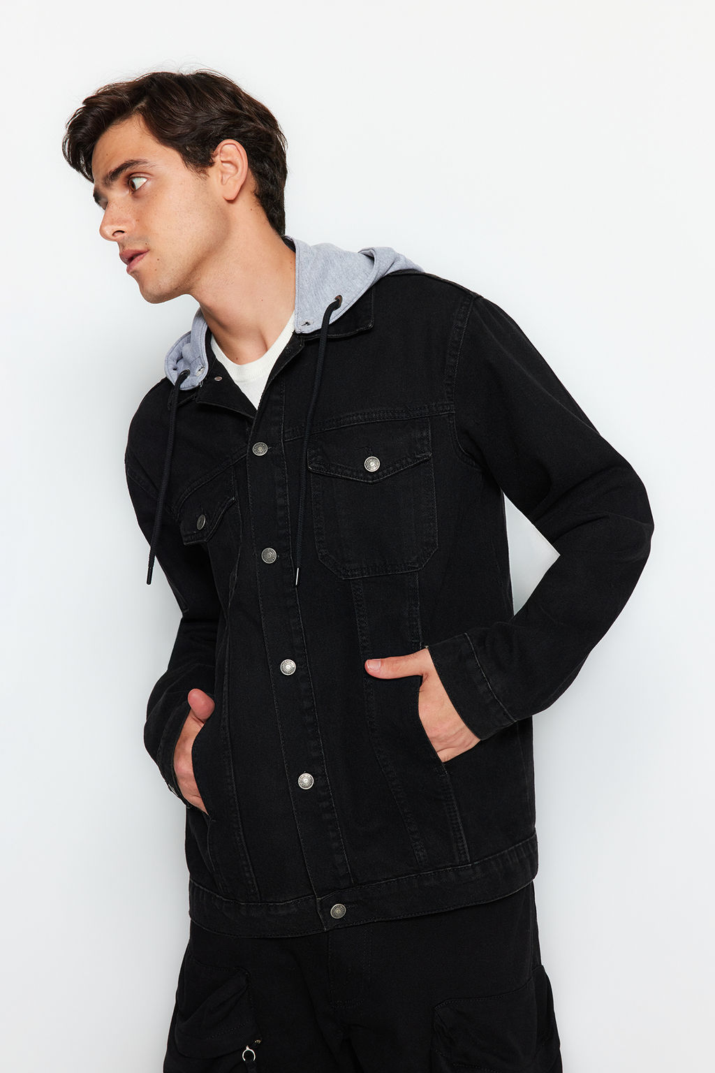 TRENDYOL MAN Siyah %100 Pamuk Regular Fit Orme Kapusonlu Denim Ceket TMNAW23CE00019 - Trendyolmilla фото 3