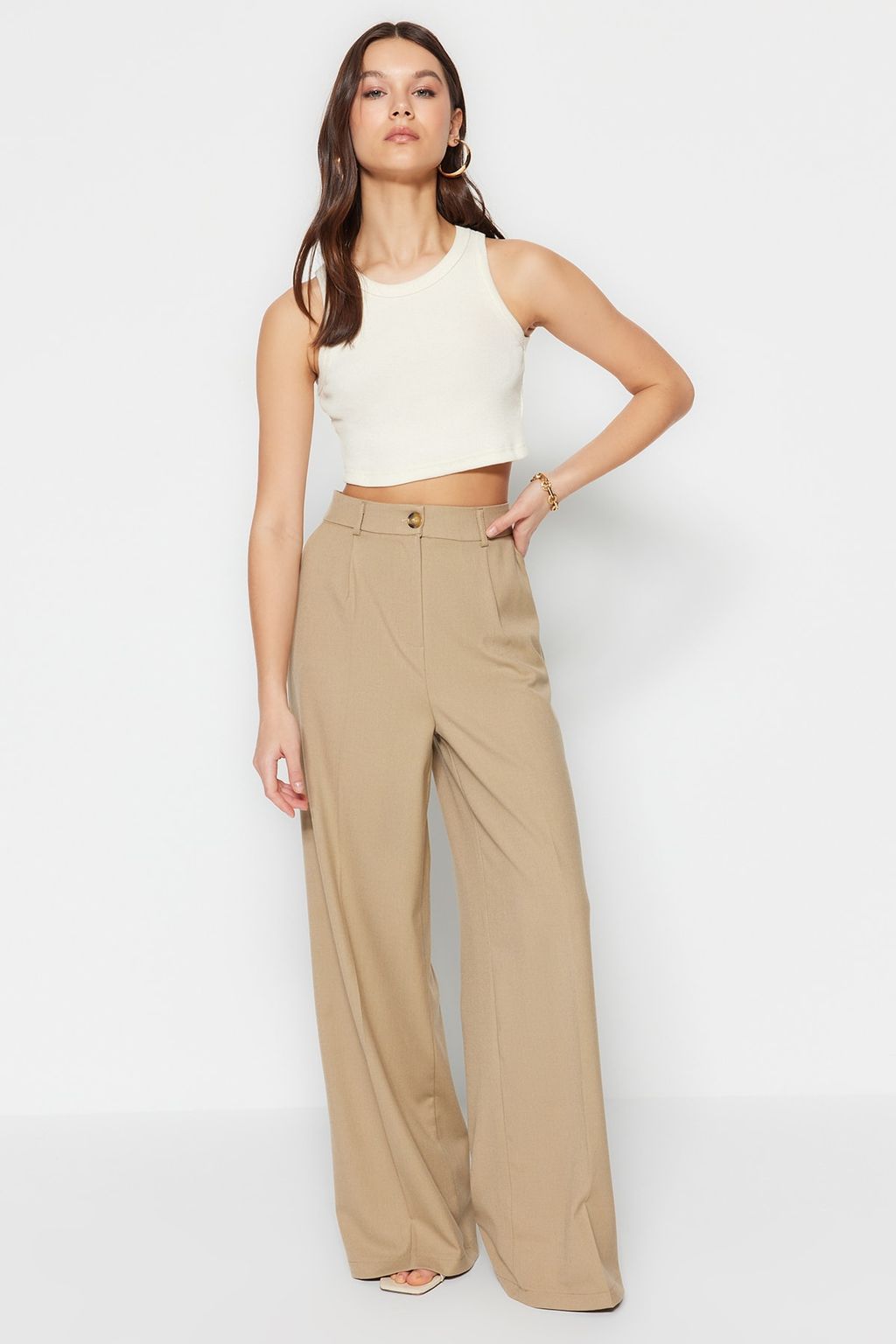 TRENDYOLMILLA Haki Utu Izli Wide Leg/Genis Paca Dokuma Kumas Pantolon TWOSS23PL00326  фото 3