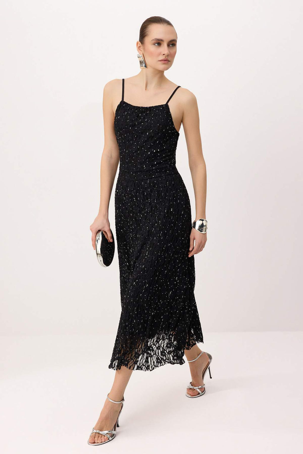 Siyah Dantel Tas Bask?l? Tul Astarl? Midi Elbise TPRSS26EL00004 - Trendyolmilla фото 4