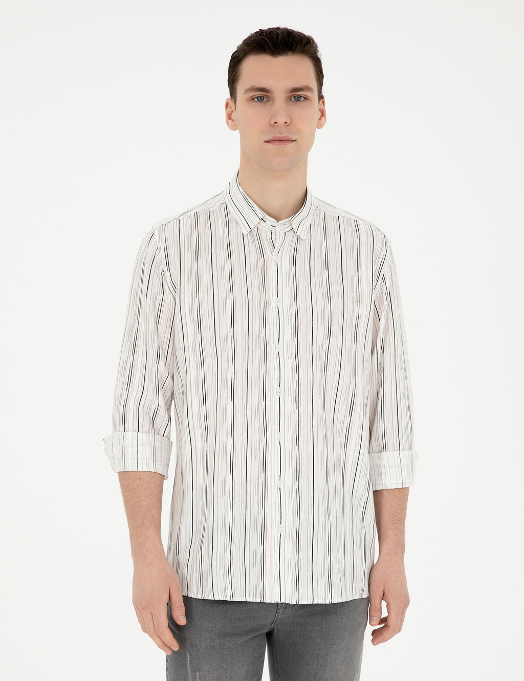Siyah Keten Kar___ml_ Slim Fit Uzun Kollu G_mlek
