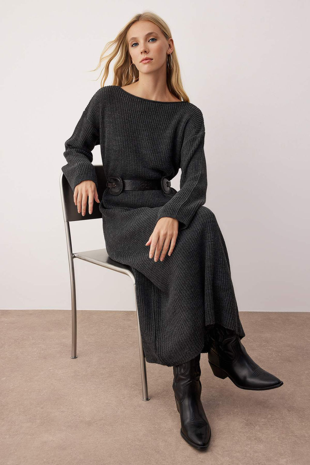 Tas Duz Maxi Basic Oversize Kay?k Yaka Triko Uzun Elbise TWOAW26EL00151 - Trendyolmilla фото 5