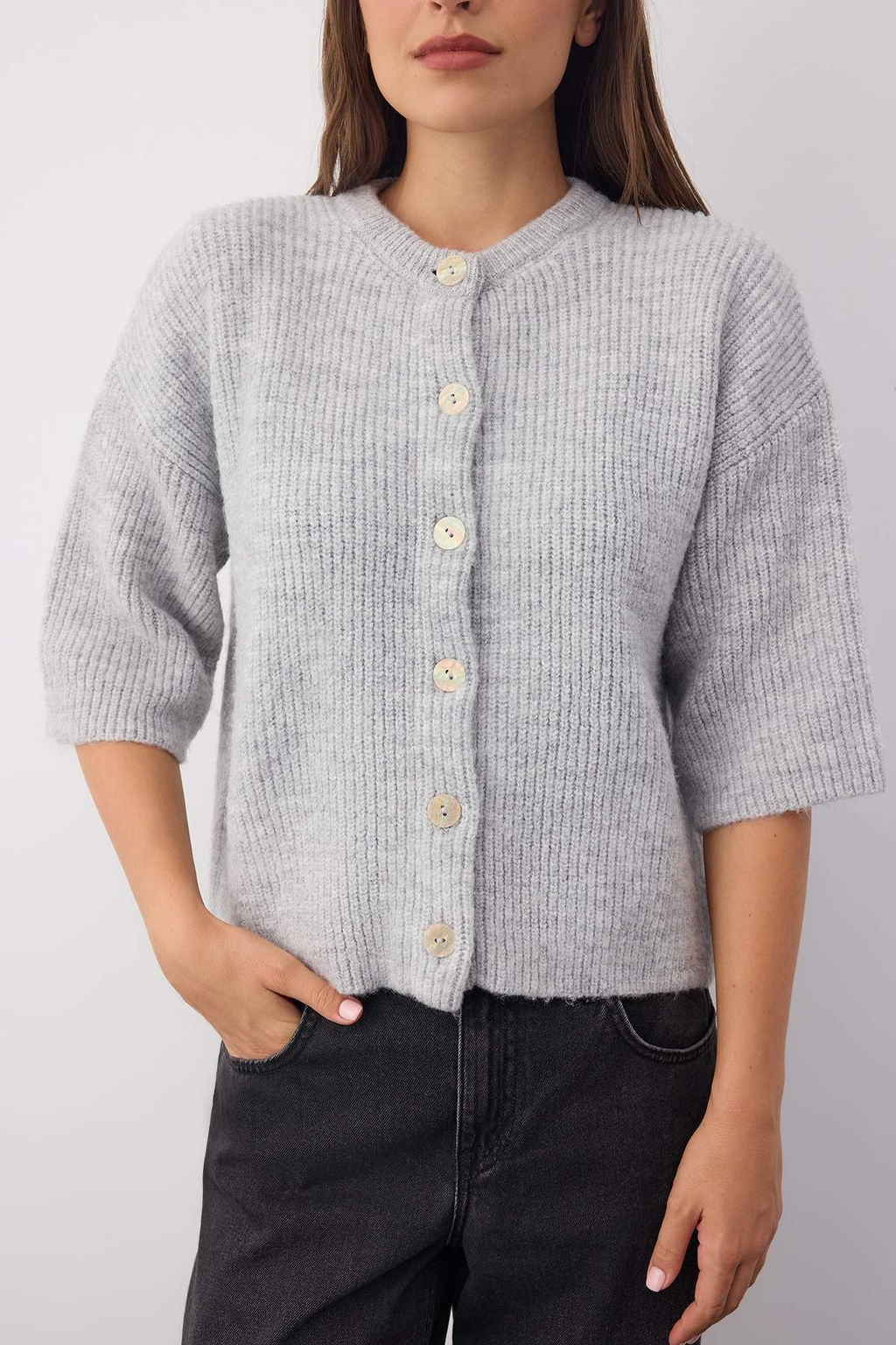 Wardrobe Essentials Gri Yumusak Dokulu Genis Kal?p K?sa Kol Basic Triko H?rka | TWOAW26HI00251