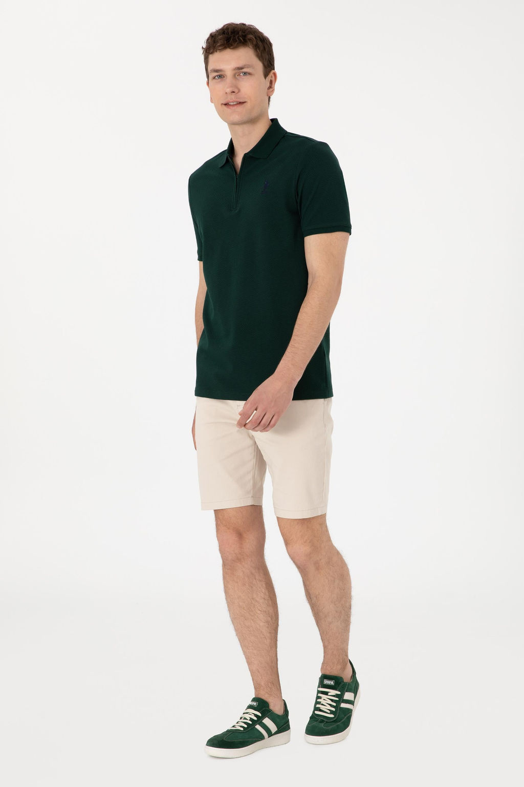 Erkek Regular Fit Fermuarl_ Koyu Ye_il Dokulu Ti__rt
