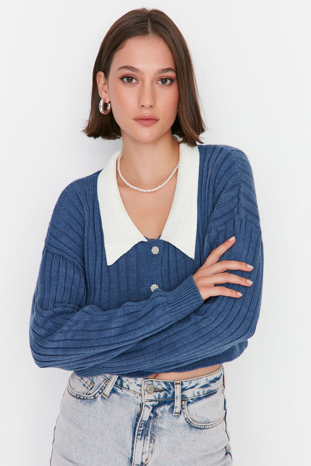 Indigo Super Crop Gomlek Garnili Triko H?rka TWOAW23HI00519