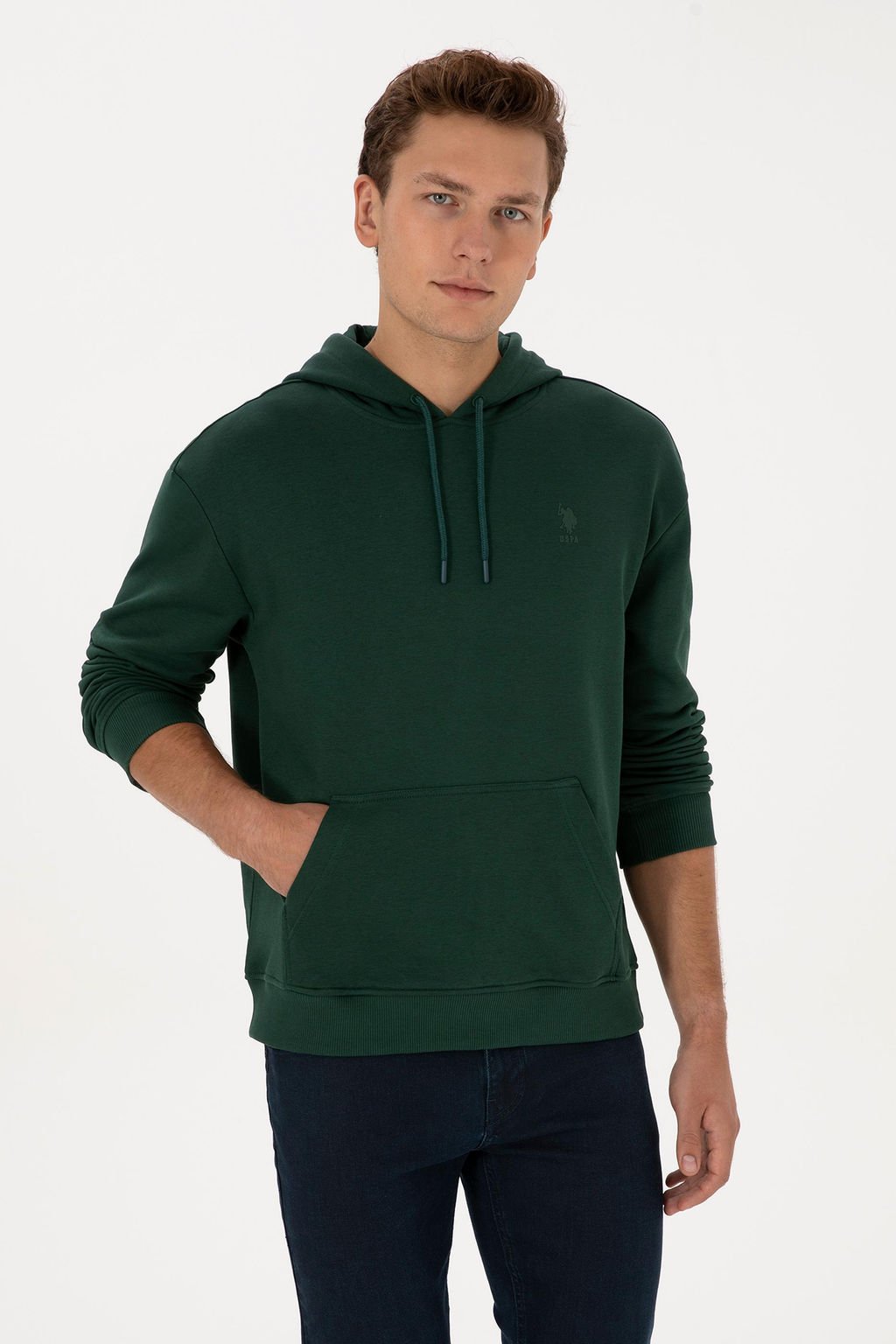 Erkek Comfort Fit Kap__onlu Koyu Ye_il Basic Sweatshirt