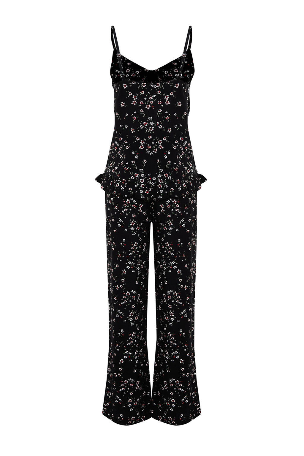 Trendyolmilla Siyah Cicekli F?rf?rl? Ip Ask?l? Viskon Dokuma Pijama Tak?m? THMSS24PT00301