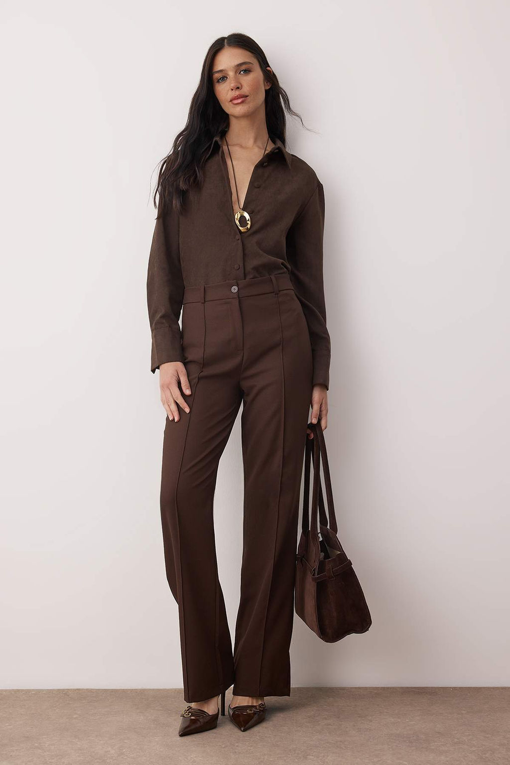 Koyu Kahverengi Straight/Duz Kesim Yuksek Bel Nervur Dikisli Dokuma Pantolon TWOSS21PL0093