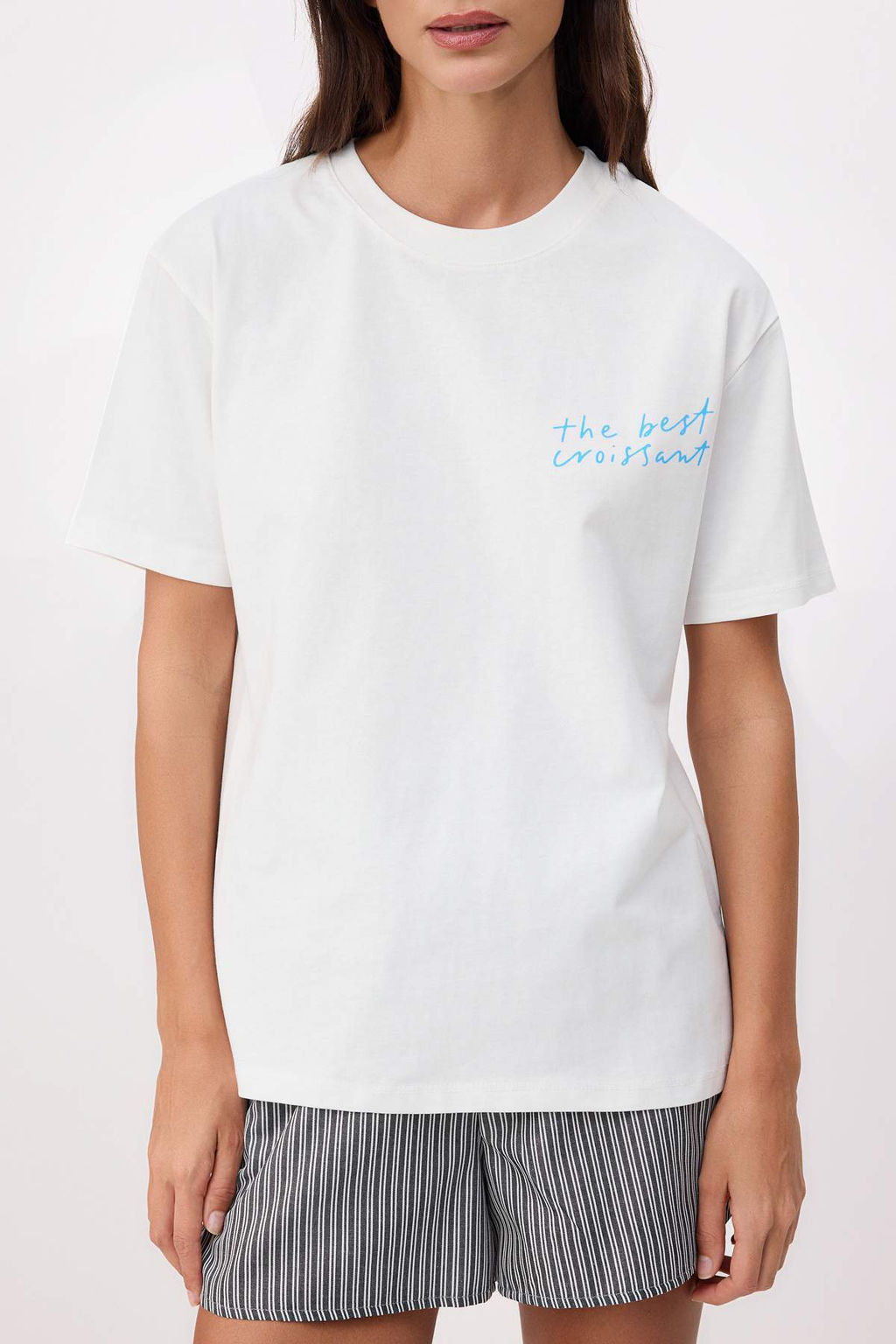 Ekru Bask?l? Oversize/Genis Kal?p K?sa Kollu %100 Pamuk Orme T-Shirt TWOSS26TS00116 - Trendyolmilla фото 3