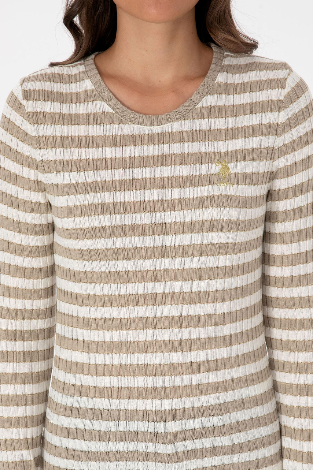 Kad_n Koyu Bej _izgili Bisiklet Yaka Sweatshirt
