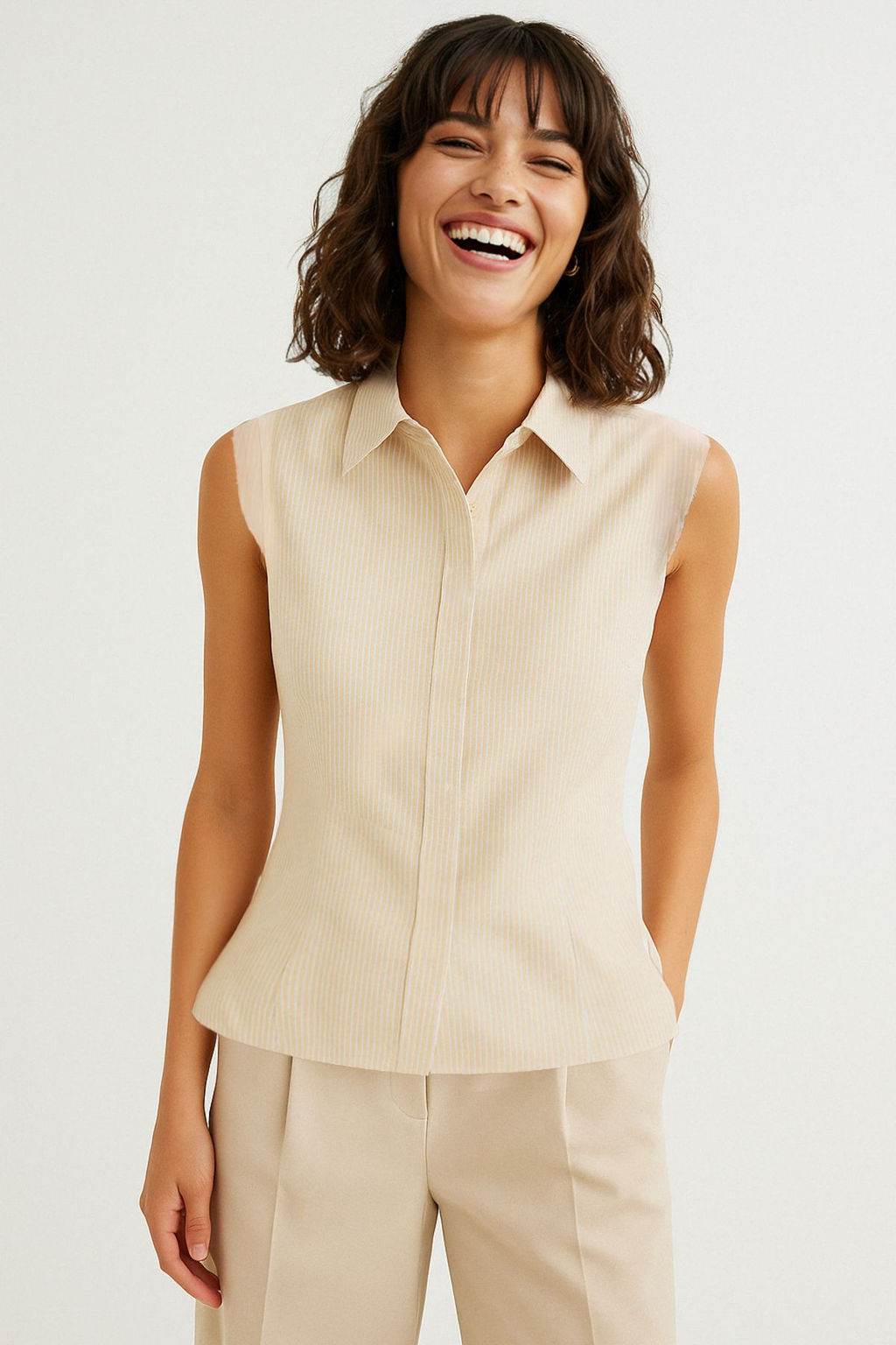 TRENDYOLMILLA Bej Kolsuz Cizgili Ceket Formda Belden Oturan Dokuma Gomlek TWOSS25GO00088