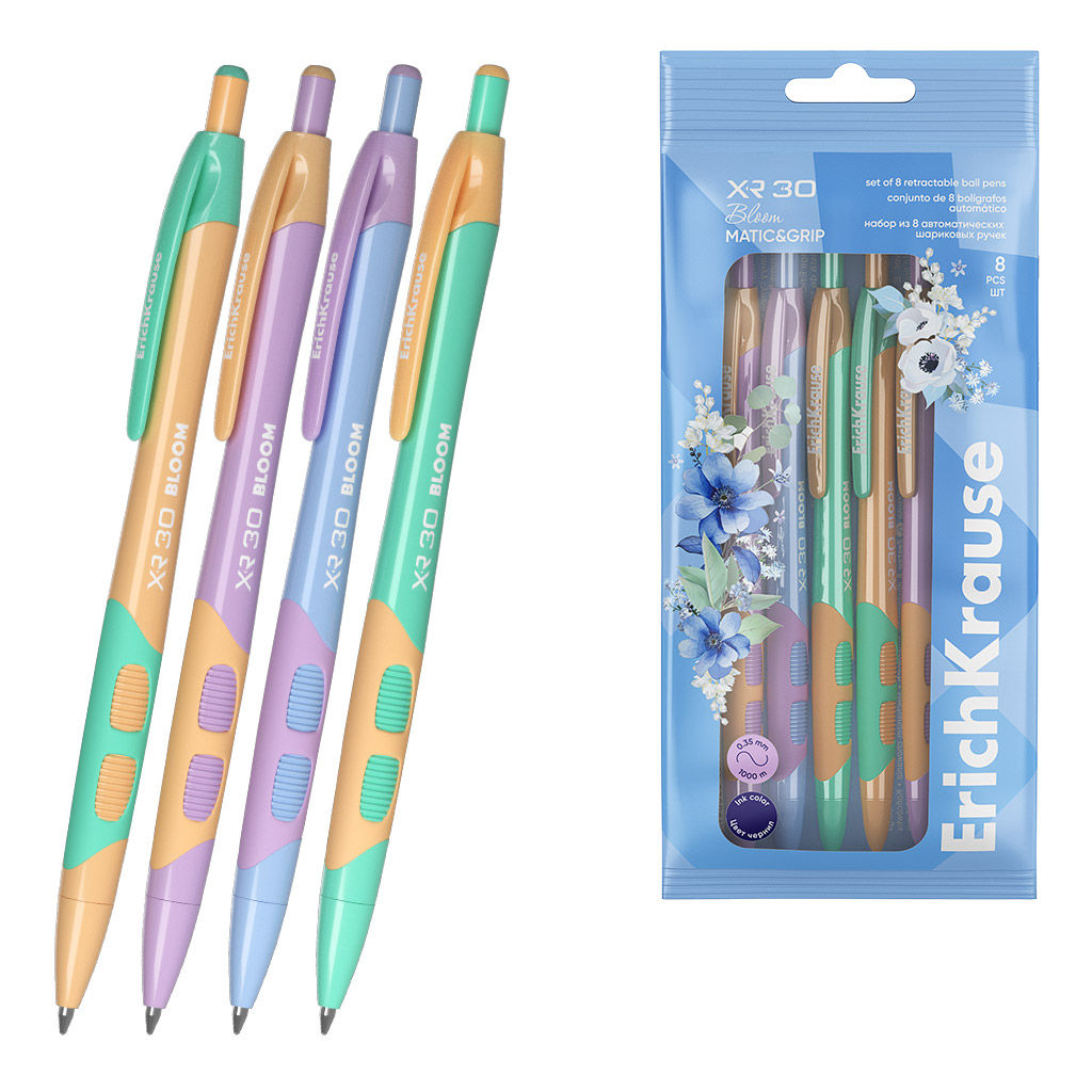 Цена за 24 шт. Набор из 8 ручек шариковых автоматических ErichKrause XR-30 Matic&Grip Pastel Bloom 0.7, цвет чернил синий (в пакете)