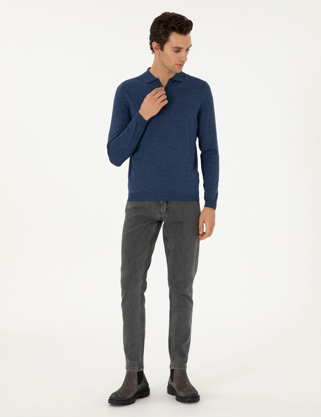_ndigo Regular Fit Y_n Kar___ml_ Fermuarl_ Polo Yaka Basic Triko Kazak