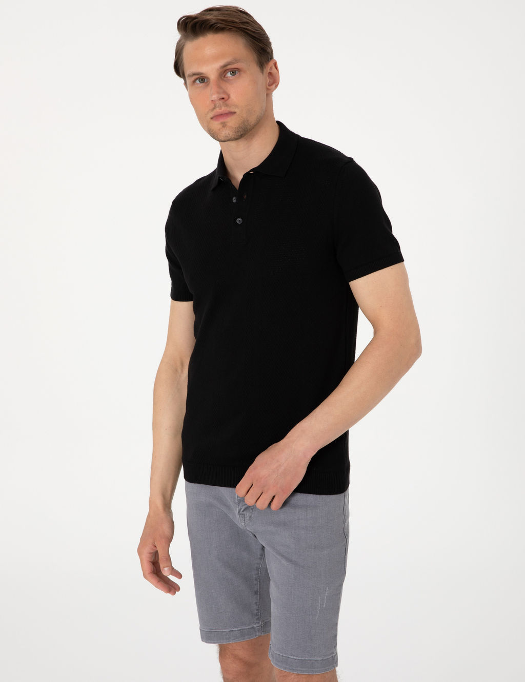 Siyah Slim Fit %100 Pamuk Polo Yaka Triko Ti__rt