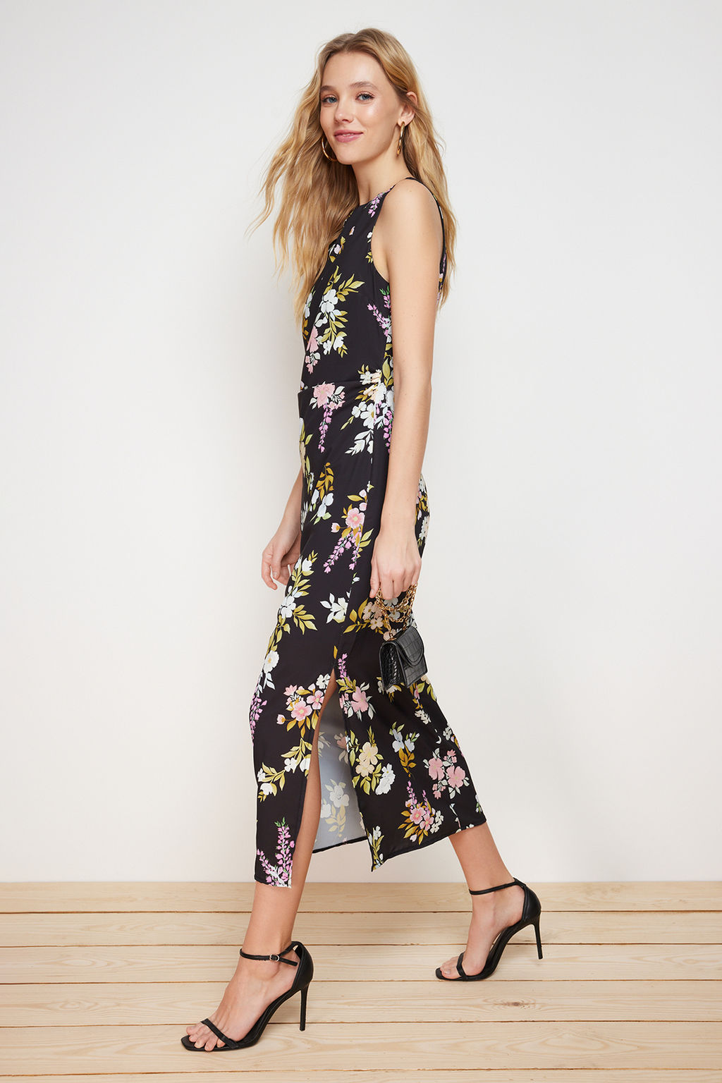 Siyah Cicekli A Kesim Kolsuz Midi Dokuma Elbise TWOSS24EL00440 - Trendyolmilla фото 4