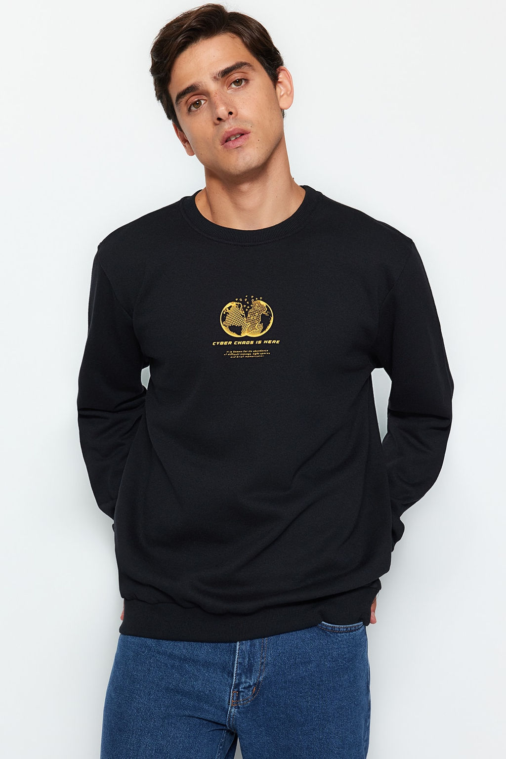 Siyah Bisiklet Yaka Regular/Normal Kesim Uzay Bask? Ici Polar/S?cak Tutan Sweatshirt TMNAW24SW00093