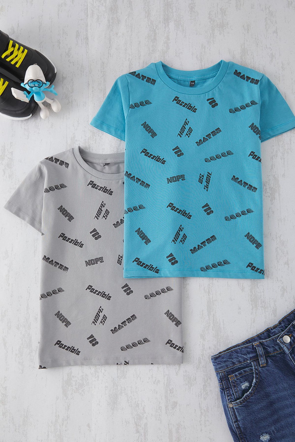 Gri-Mavi 2li Erkek Cocuk Pamuklu Bask?l? K?sa Kol Orme T-Shirt TKDSS25TS00087