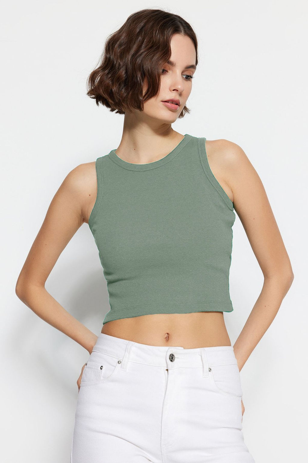 Antrasit-Mint 2li Paket Vucuda Oturan Crop Halter Yaka Fitilli Esnek Orme Atlet TWOSS21AL0058