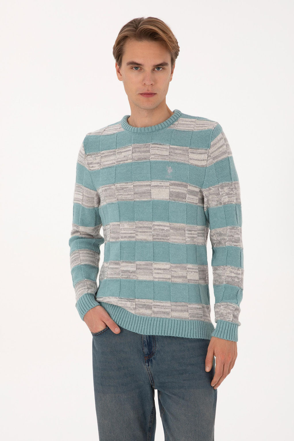 Erkek Regular Fit Bisiklet Yaka Mint Kazak