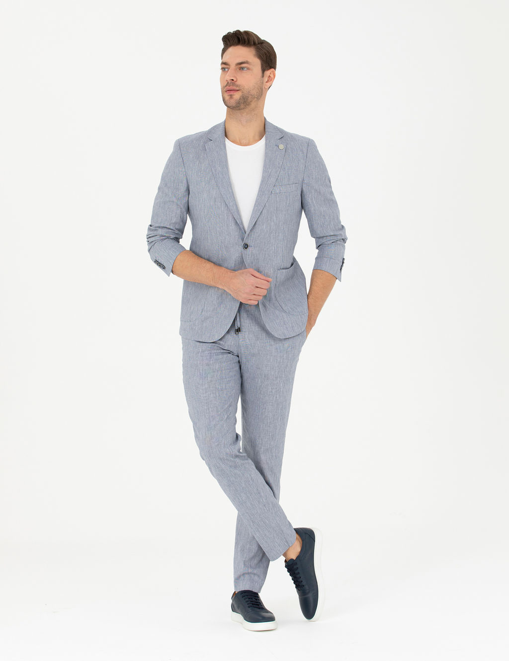Koyu Mavi Ex. Slim Fit Keten Kar___ml_ Kuma_ Pantolon