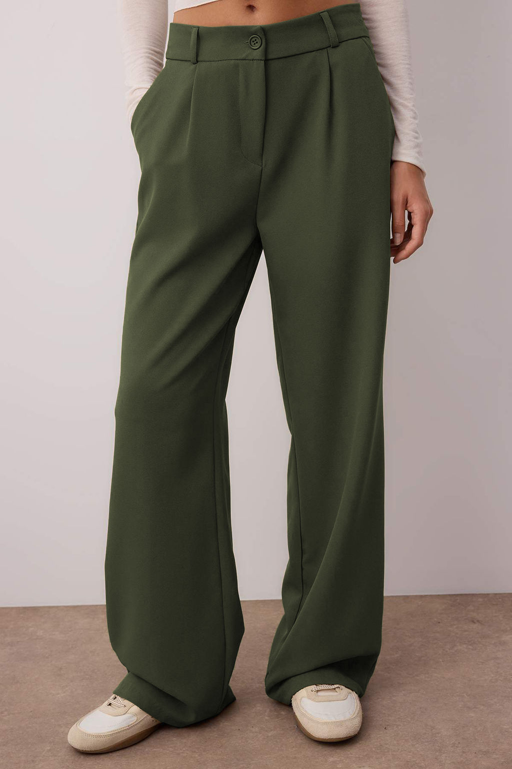 Ac?k Haki Yuksek Bel Wide Leg/Genis Paca Pilili Dokuma Kumas Pantolon TWOAW21PL0076