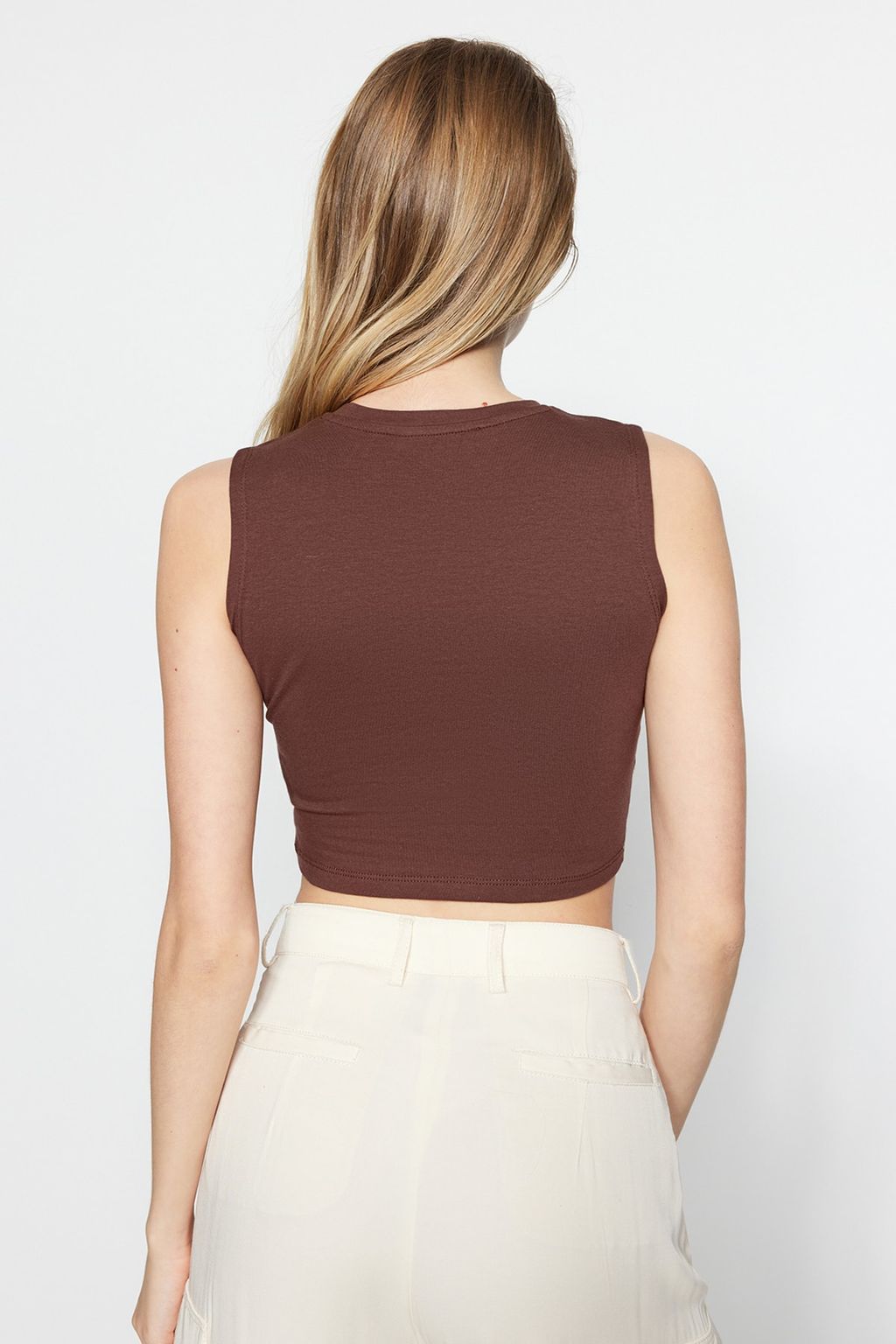 Kahverengi-Bej 2li Paket Kolsuz Crop Pamuklu Esnek Orme Atlet TWOSS23AL00010