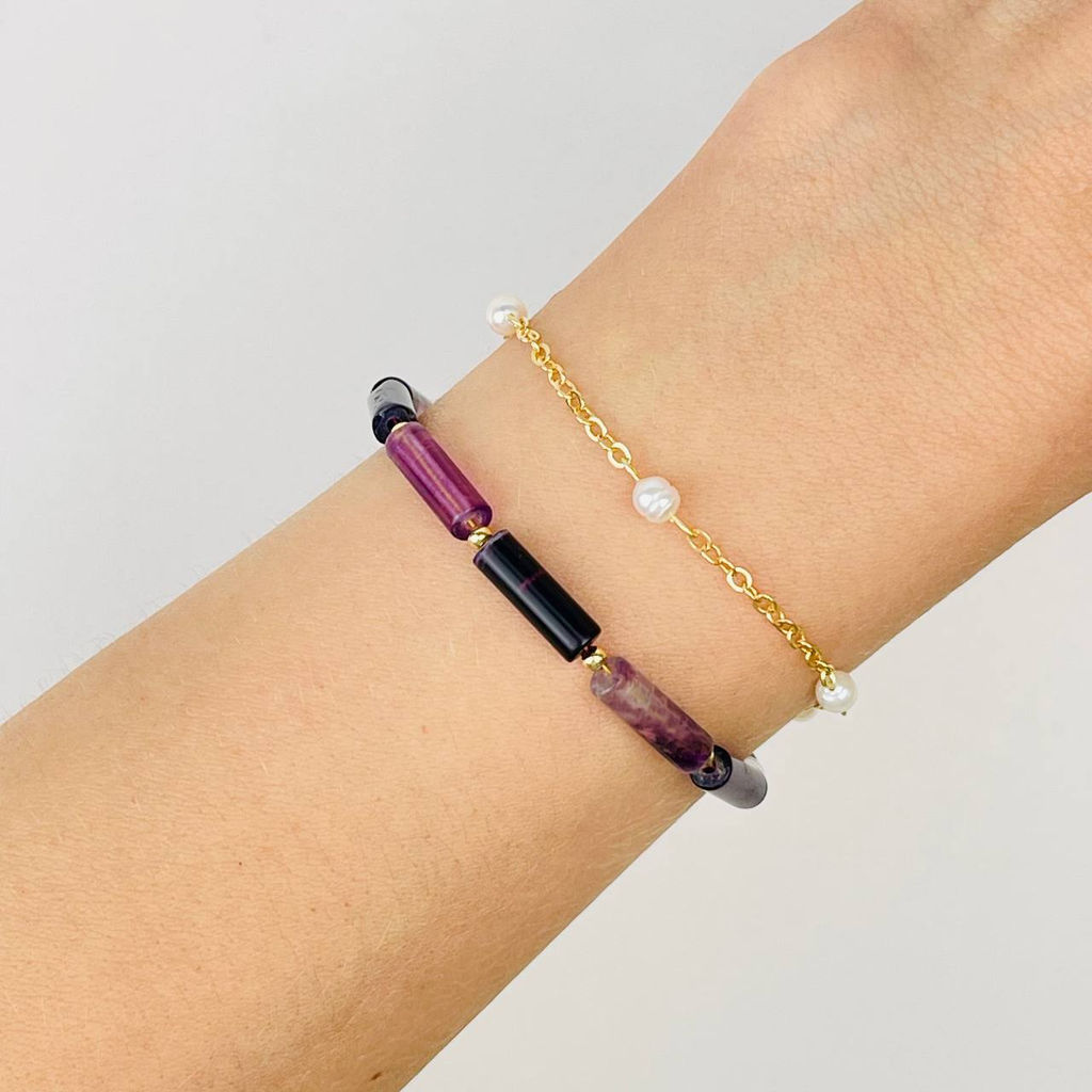 Браслет двойной из Флюорита и Жемчуга с цепочкой 16 см +