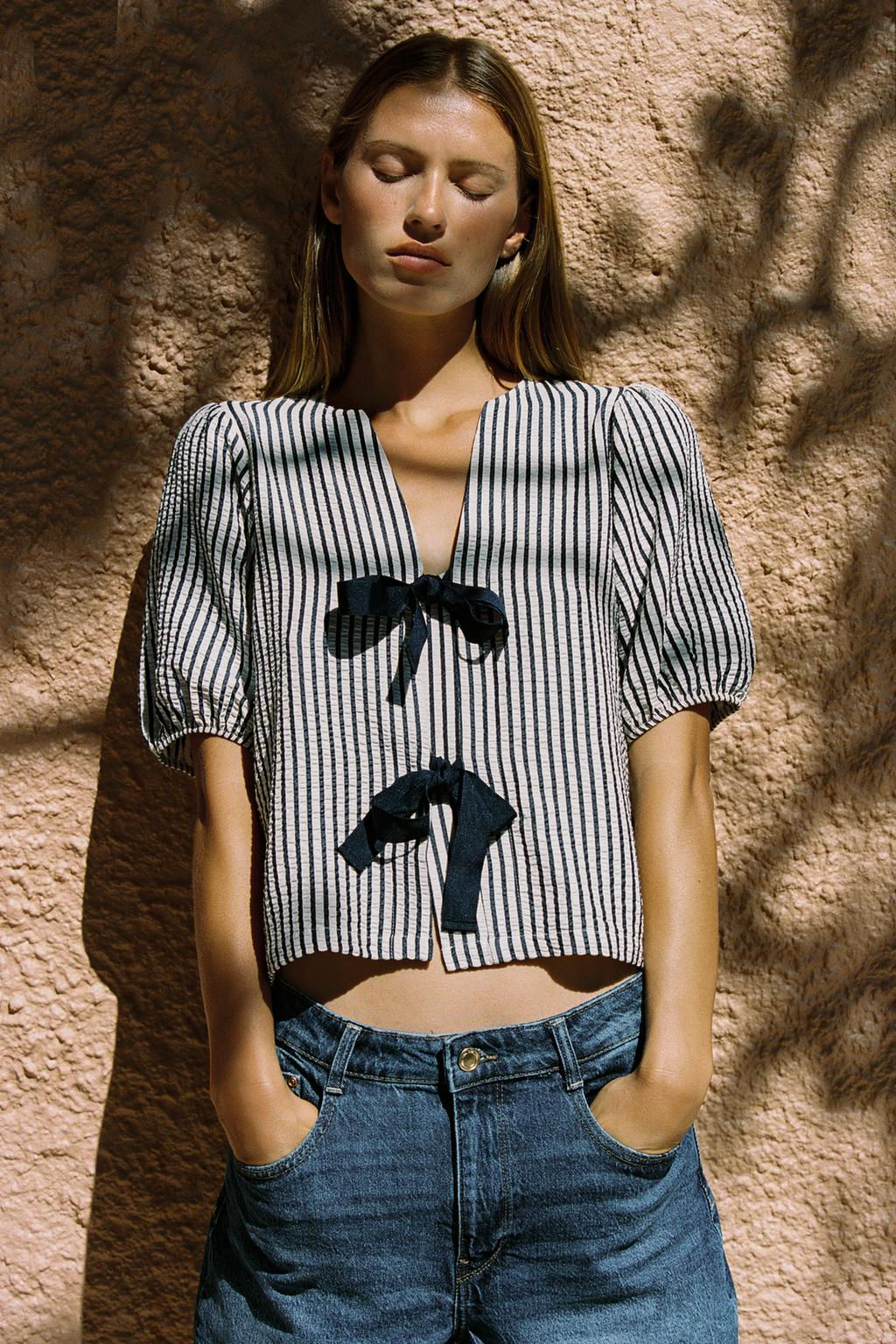 LINEN BLEND TIE BLOUSE - Zara фото 3