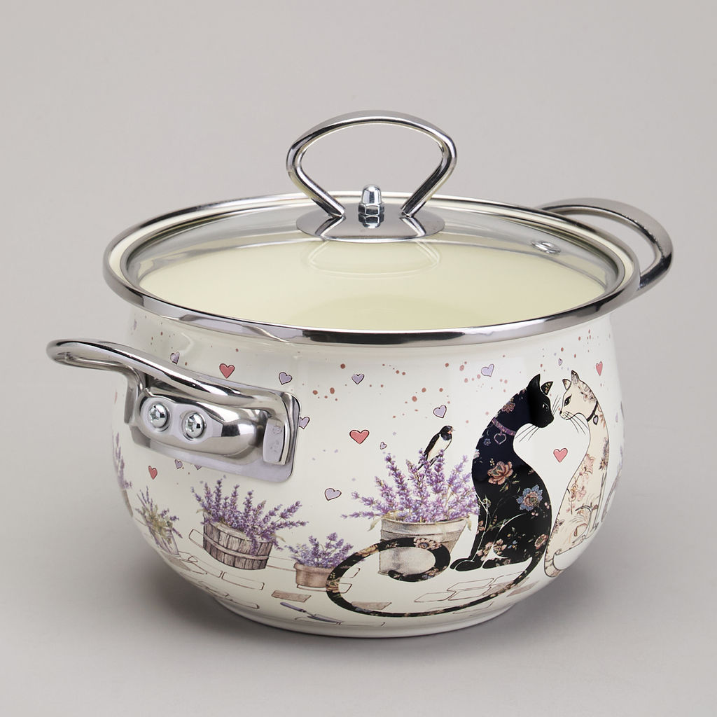 КАСТРЮЛЯ AGNESS ЭМАЛИРОВАННАЯ СО СТЕКЛЯННОЙ КРЫШКОЙ СЕРИЯ LAVANDER CATS, 2,0 Л ДИА. 18СМ  фото 4