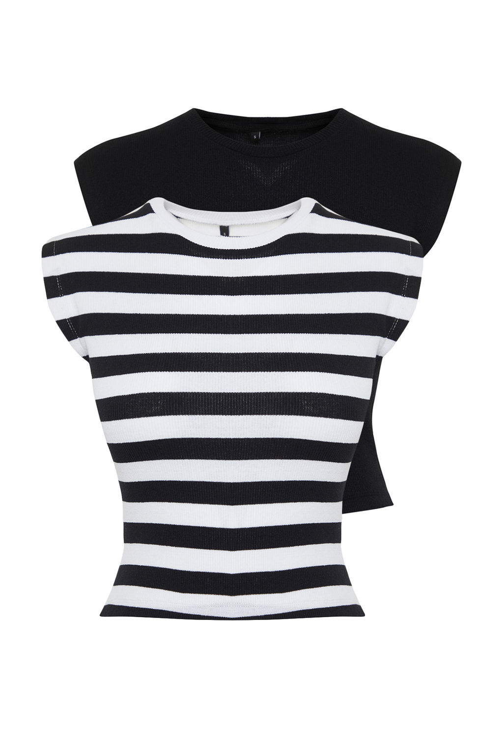 Siyah-Cok Renkli 2li Paket Cizgili ve Duz Fitilli Crop Ay Kol Esnek Orme Bluz TWOSS24BZ00367 - Trendyolmilla фото 7