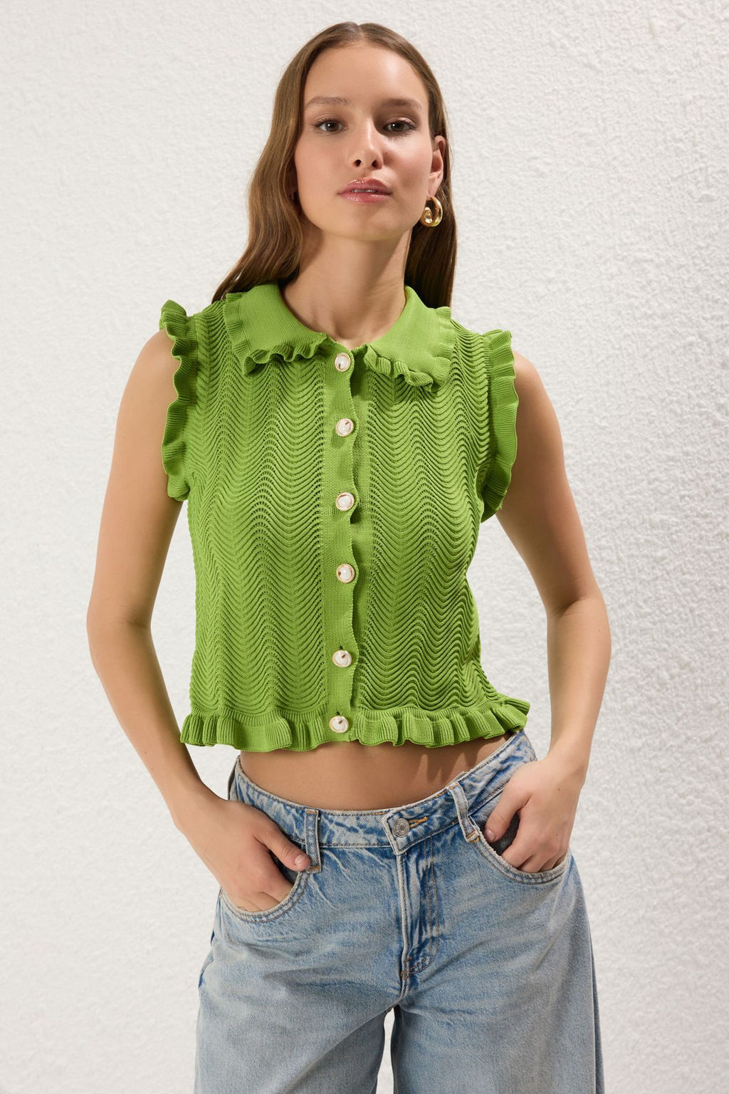 Trendyolmilla Yesil Bebe Yaka Dokulu Triko Ince Bluz TWOSS25BZ00337